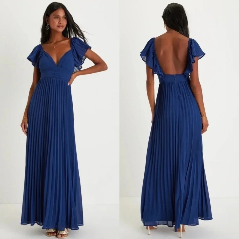 Lulus Ideal Occasion Blue Pleated Flutter Sleeve Backless Maxi Dress M Party